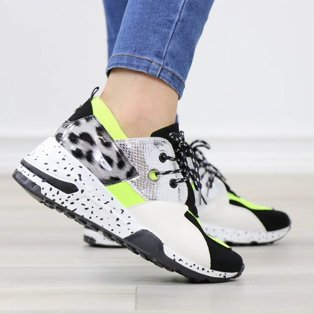 White Neon Animal Print Fashion Comfort Wedge Heel Sneakers Shoes - Picture 5 of 11